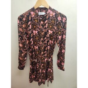 A.L.C. Black Pink Floral Print Silk Belted Shirt‎ Dress Size 0